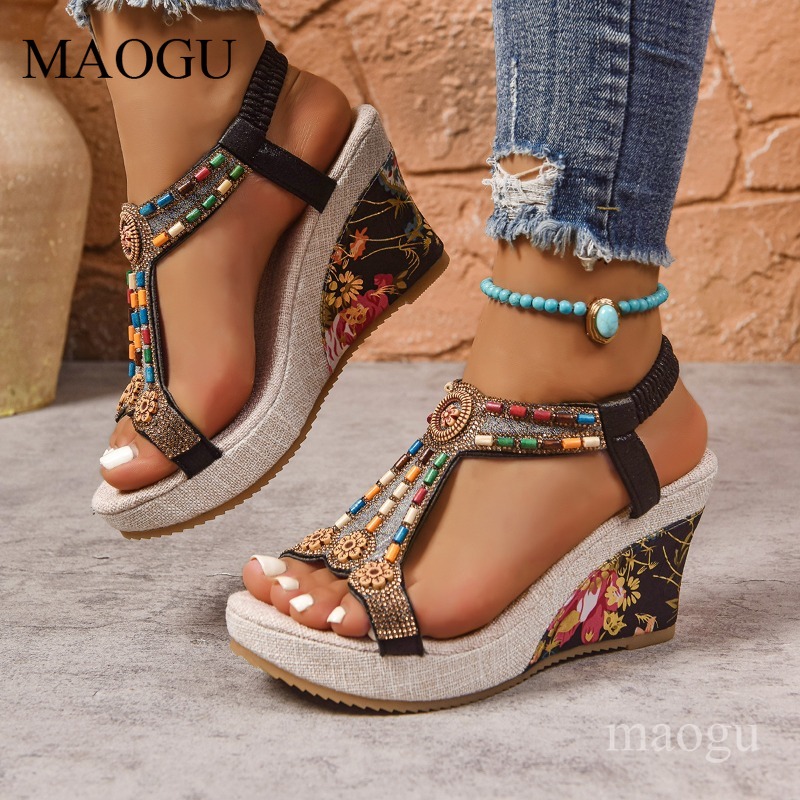 Boho Beaded Floral Wedge Sanda - đánh giá và giá Ethnic Boho Fashion