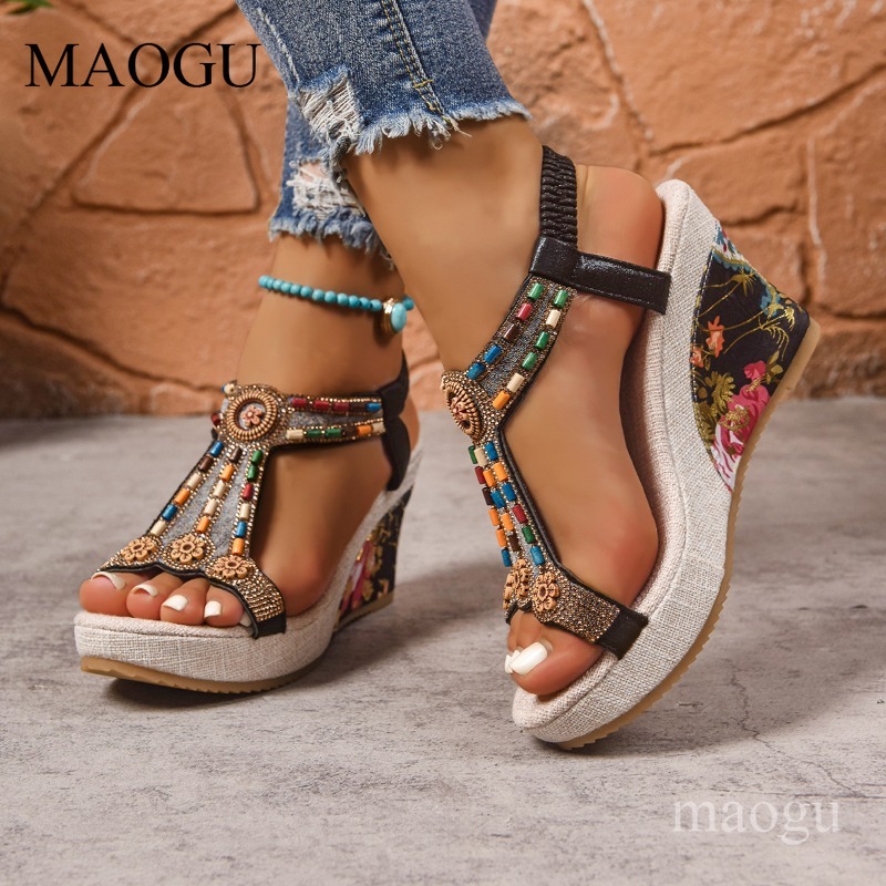 Boho Beaded Floral Wedge Sanda - đánh giá và giá Ethnic Boho Fashion